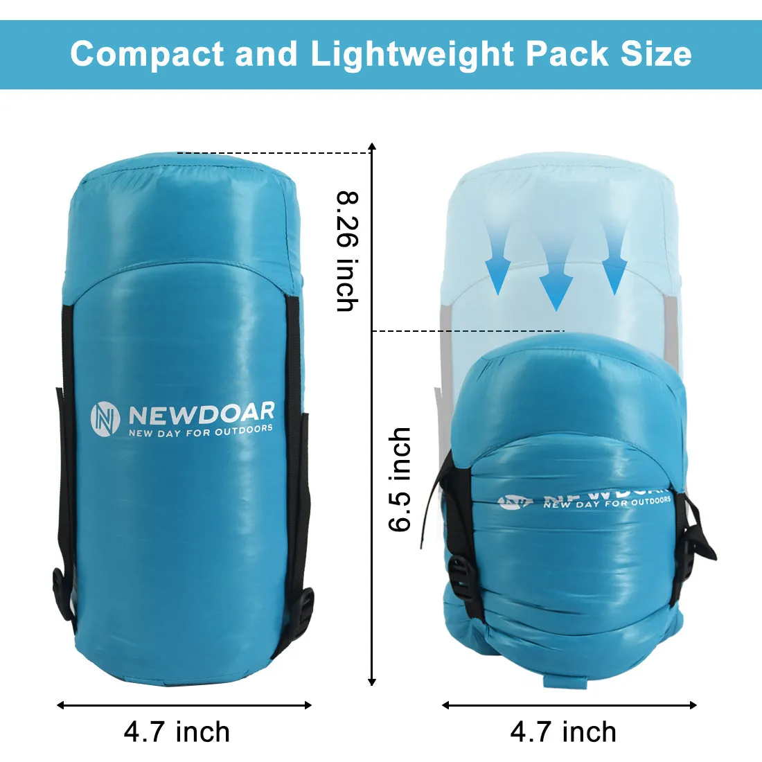 NewDoar Urltra-Light 800FP White Goose Down Camping Sleeping Bag - Black Blue