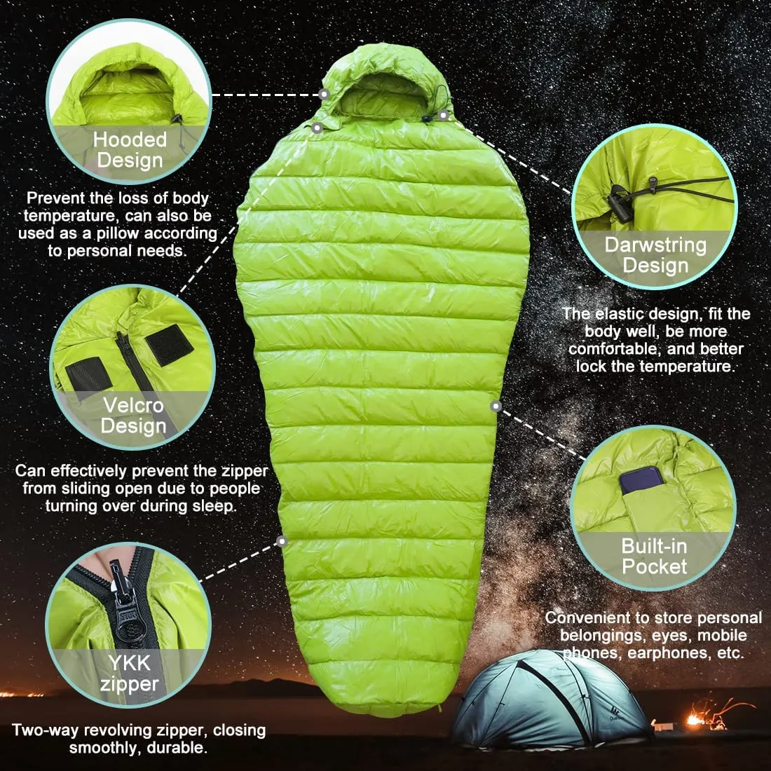 NewDoar Urltra-Light 800FP White Goose Down Camping Sleeping Bag