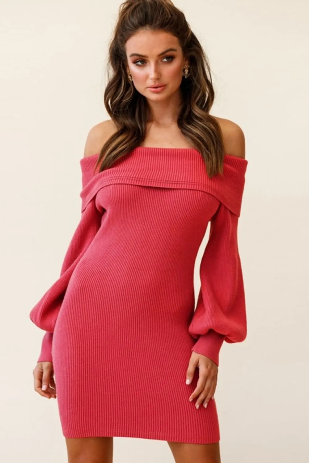 Off-The-Shoulder Lantern Sleeve Sheath Knit Dress