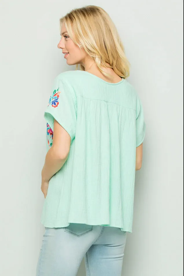 On the Border Embroidered Top, Pistachio