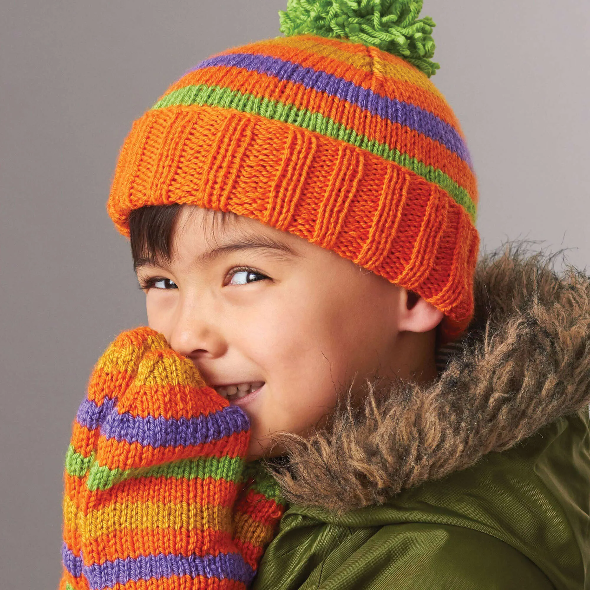 Patons Knit Striped Basic Hat & Mittens