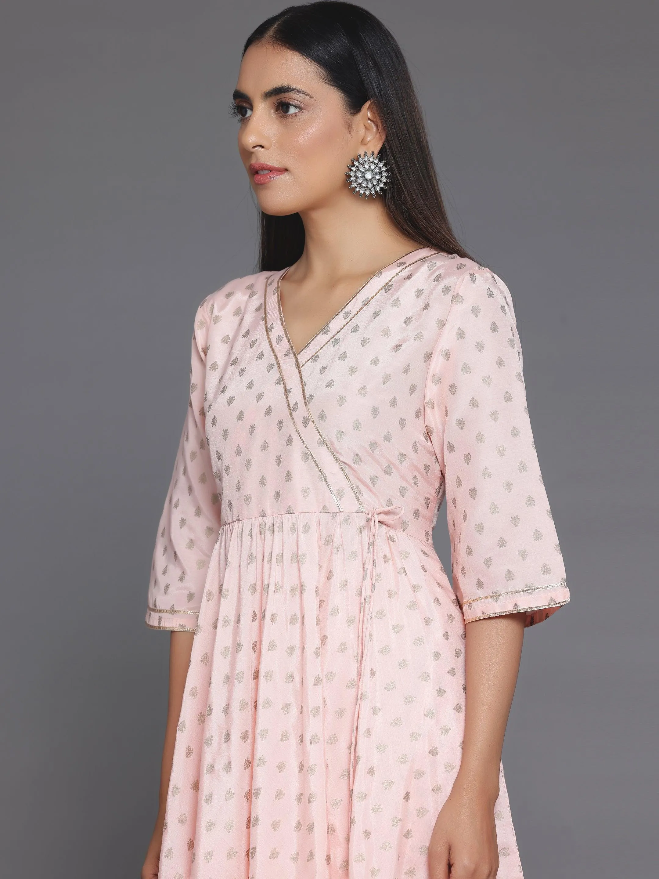 Peach Printed Silk Blend Anarkali Kurta Set