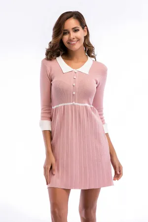 Pink Cuffed Sleeve Layered Hem Knit Dress