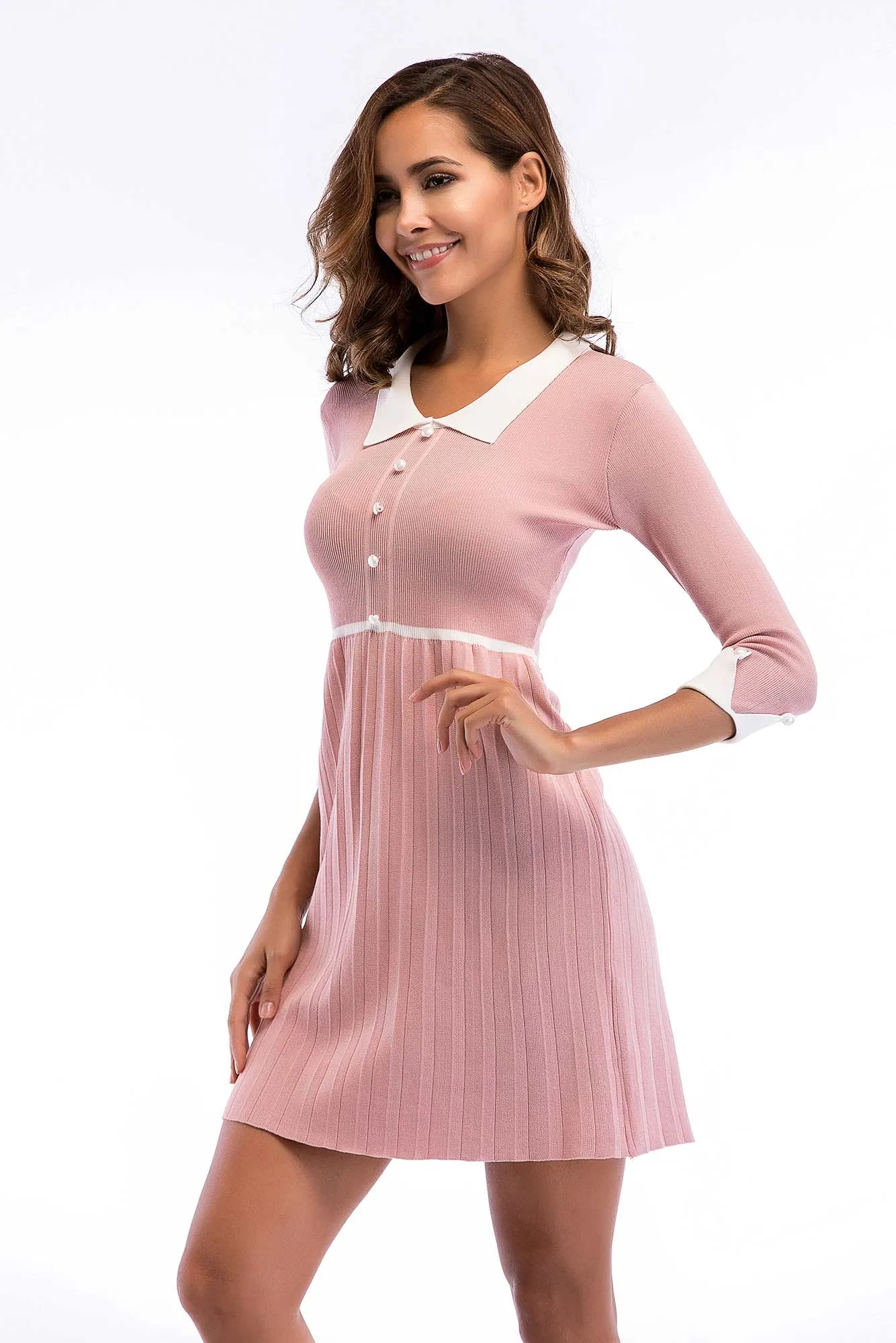 Pink Cuffed Sleeve Layered Hem Knit Dress