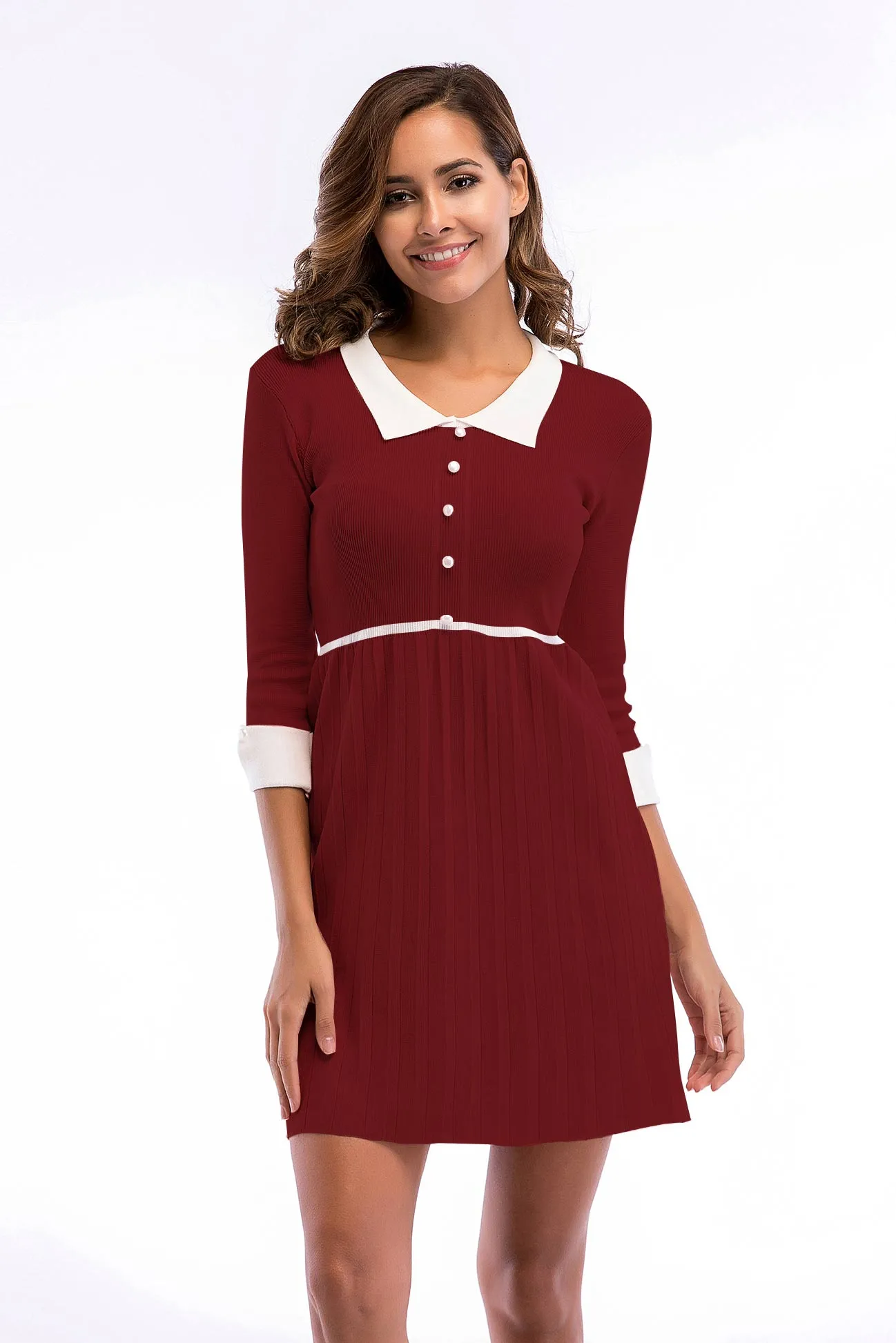 Pink Cuffed Sleeve Layered Hem Knit Dress