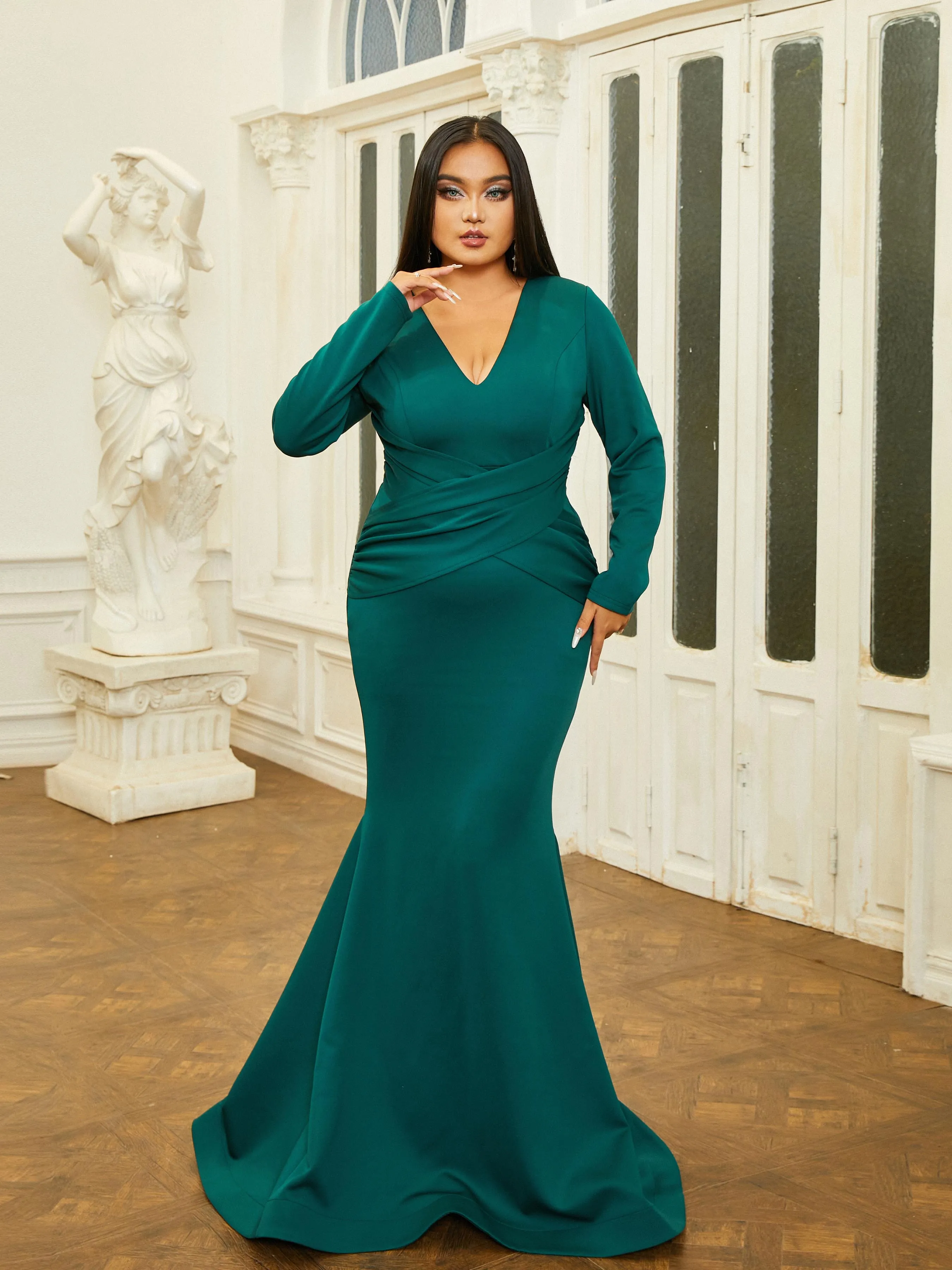 Plus Size V-Neck Knitted Green Mermaid Evening Dress PXJ377