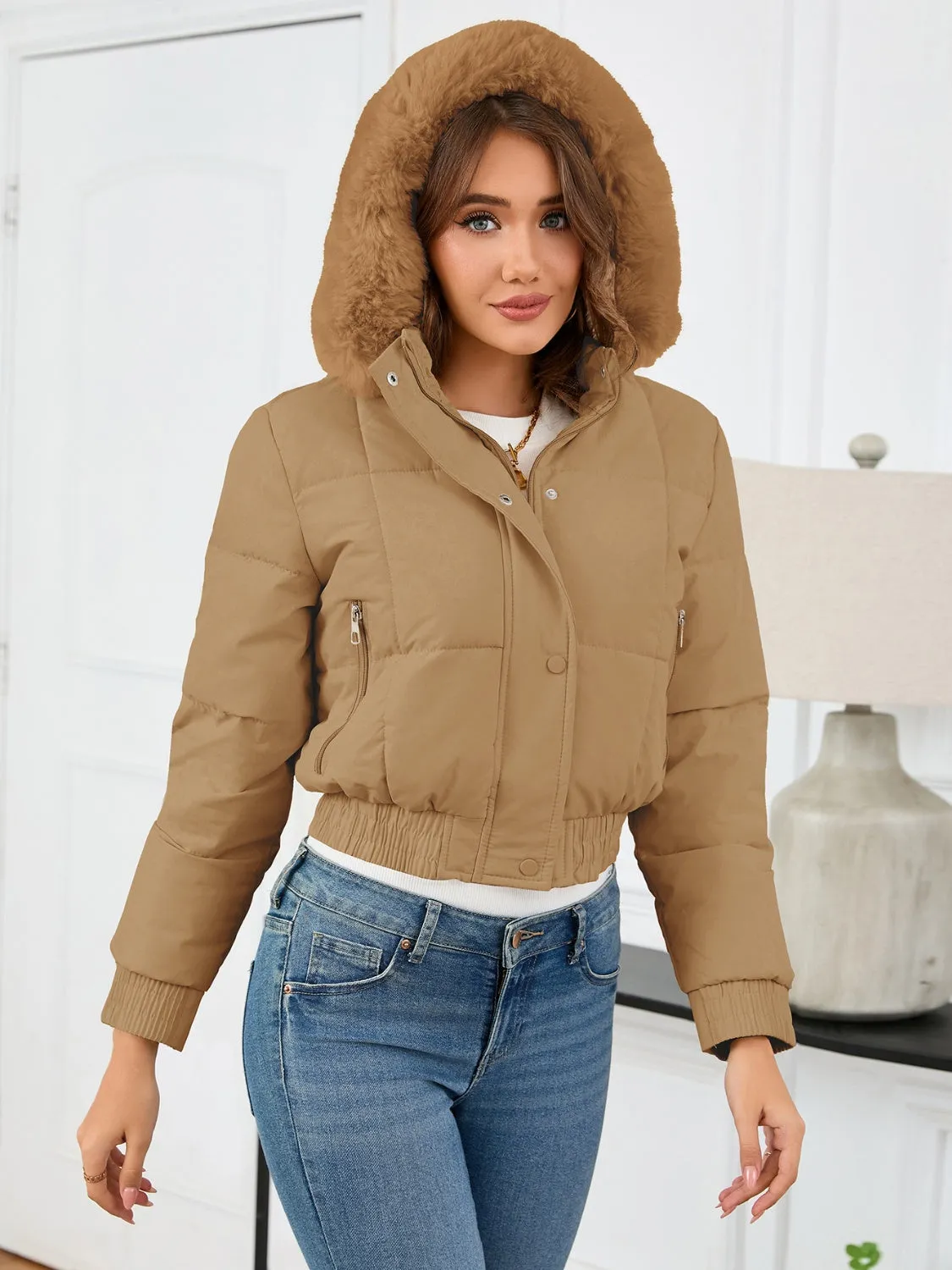 Pocketed Long Sleeve Cropped Hooded Winter Coat