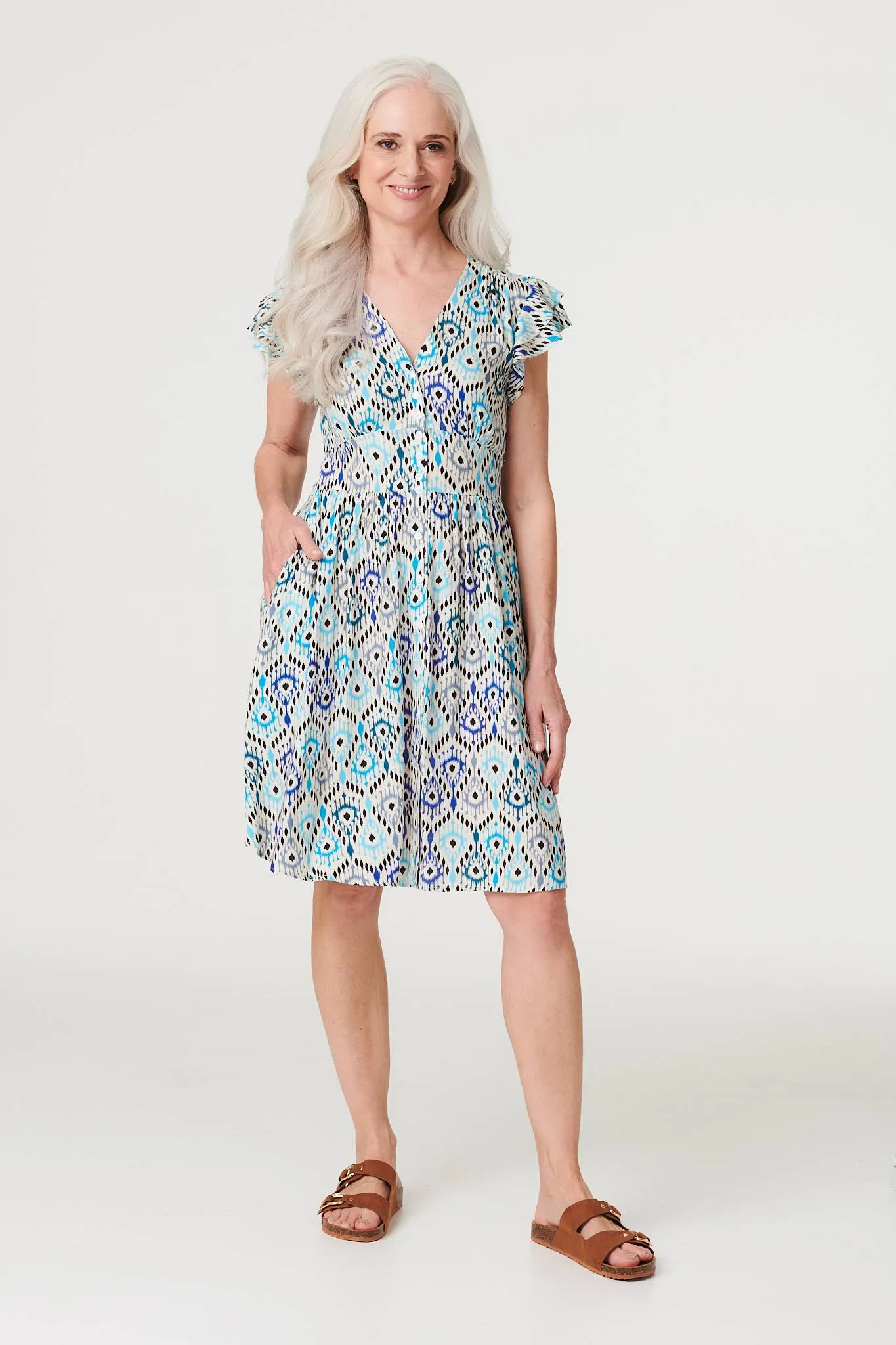 Printed Frill Sleeve Short Dress