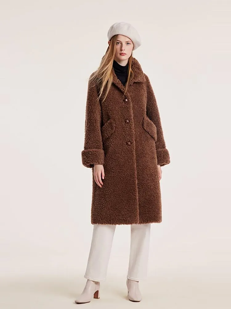 Pure Wool Lapel Velour Long Coat