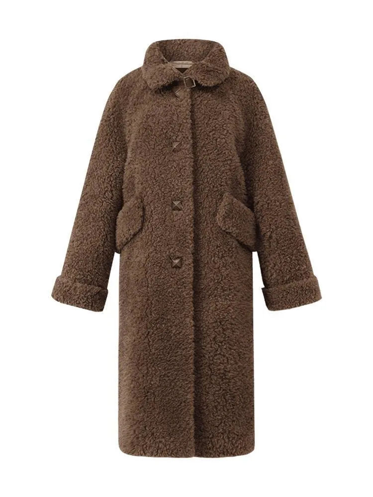 Pure Wool Lapel Velour Long Coat