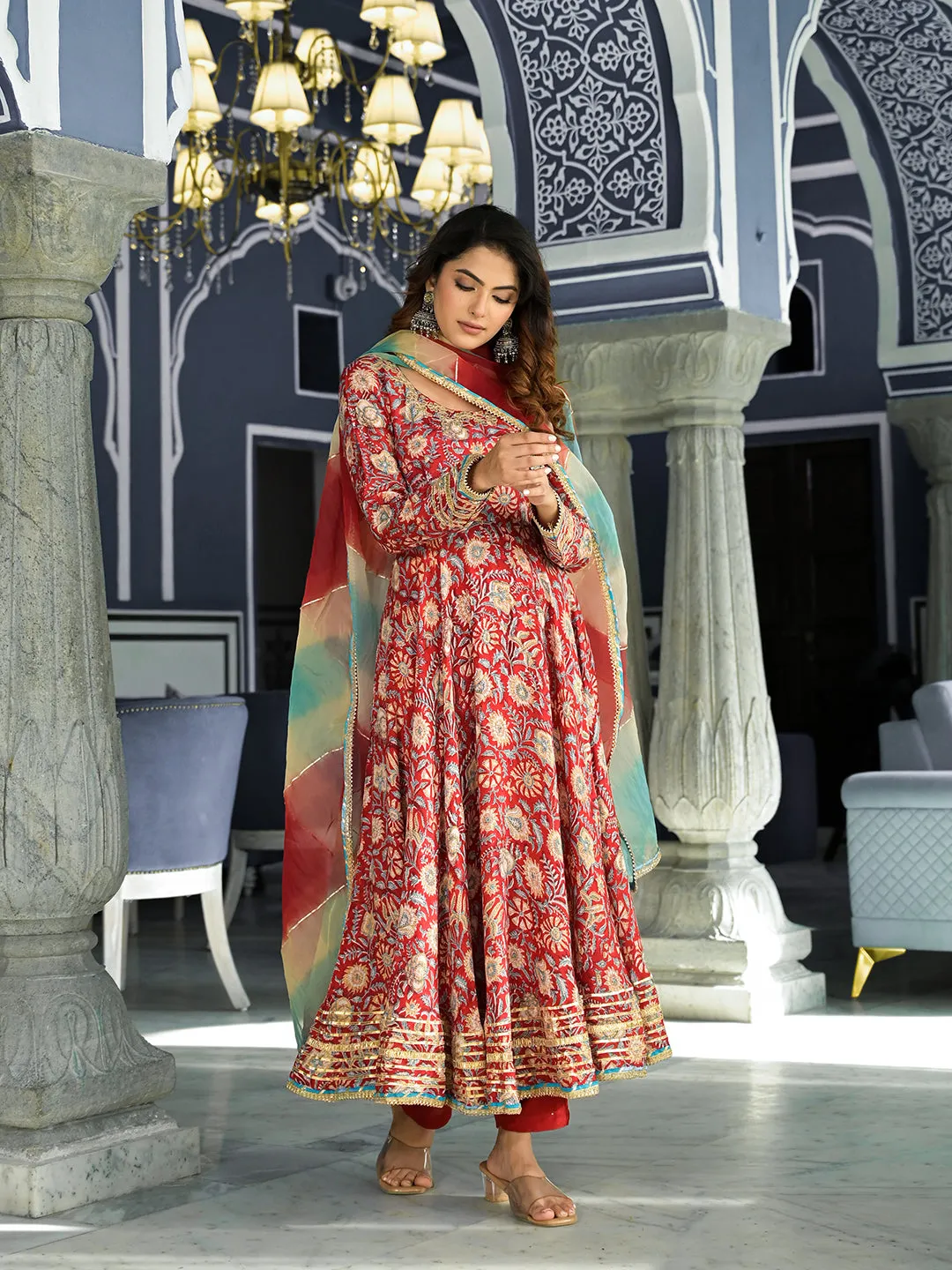 Red Floral Printed Anarkali Muslin Kurta Trouser With Dupatta Set