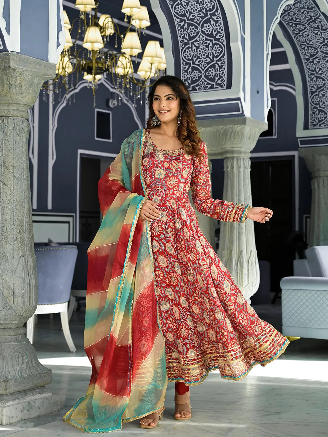 Red Floral Printed Anarkali Muslin Kurta Trouser With Dupatta Set