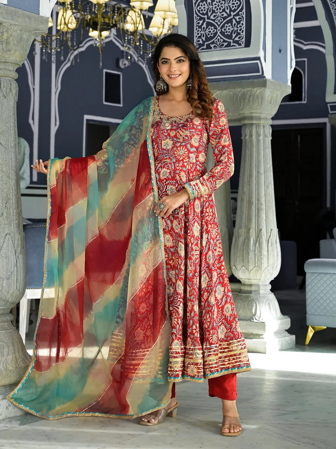 Red Floral Printed Anarkali Muslin Kurta Trouser With Dupatta Set