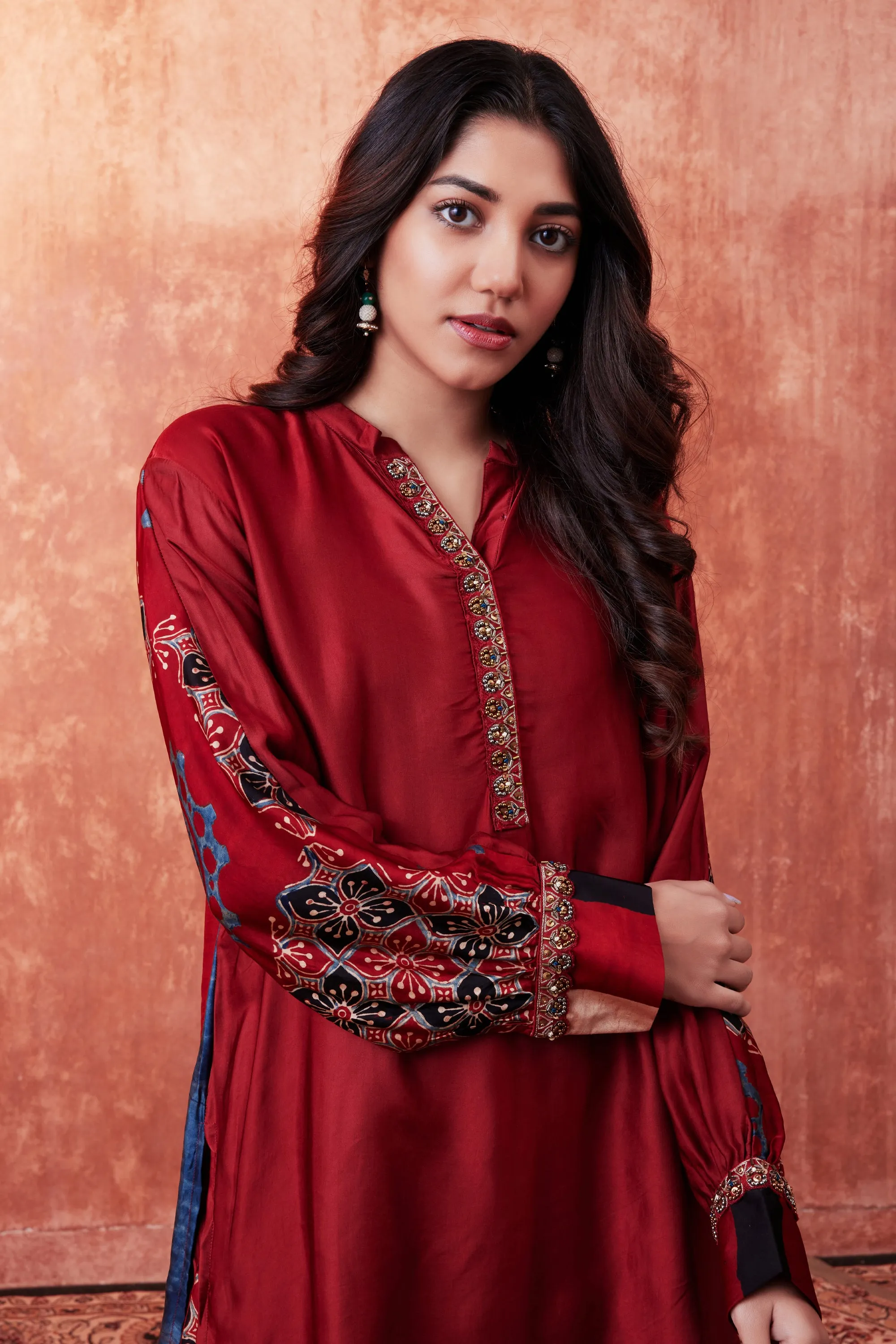 Red MultiColor Ajrakh Printed Habutai Silk Co-Ord Set