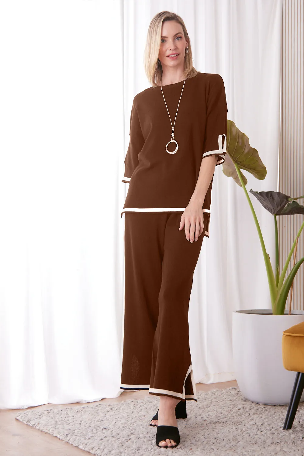 Regina Knit Top and Pant Set - Brown