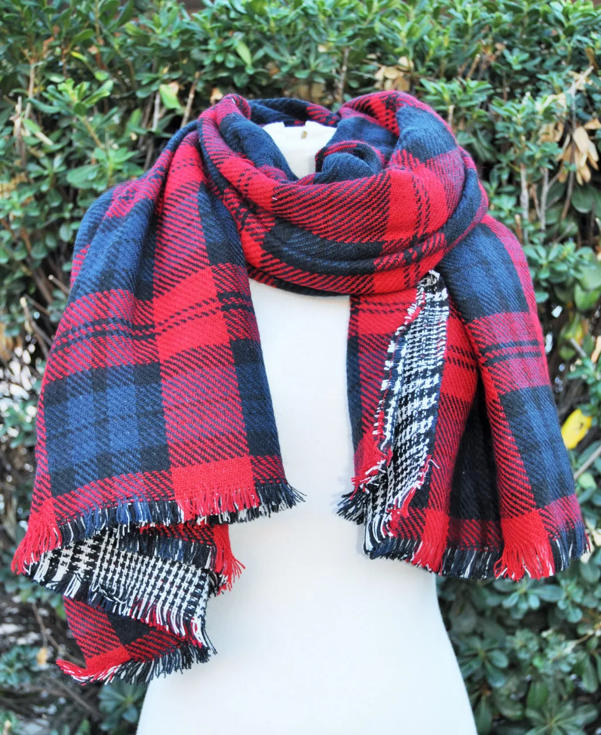 reversible blanket scarf, oversized scarf, red and black, plaid and houndstooth scarf, fashion scarf,  red tartan scarf, double sided scarf