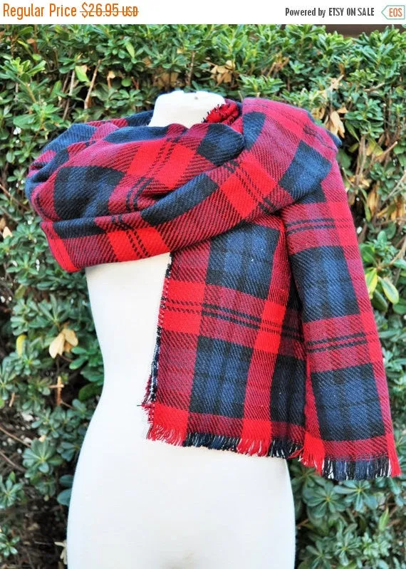 reversible blanket scarf, oversized scarf, red and black, plaid and houndstooth scarf, fashion scarf,  red tartan scarf, double sided scarf