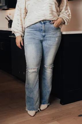 Risen The Bryana High Waist Distressed Flares In Light Wash Curves