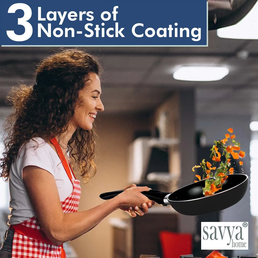 SAVYA HOME NON STICK Frying Pan | 18 cm | Stove &amp; Induction Cookware | Minimal Oil Cooking | Easy Grip Handle | 3 Layer Non Stick Coating | Non-Toxic &amp; Lightweight | 2 Year Warranty | Black