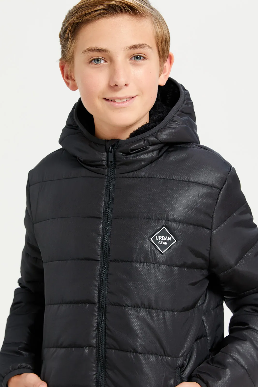 Senior Boys Black Puffer Hooded Jacket