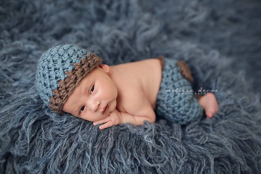 SET Denim Blue and Brown Newborn Hat and Pants