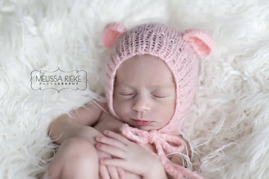 SET Pink Teddy Bear Hat and Knit Swaddle Cocoon Sack