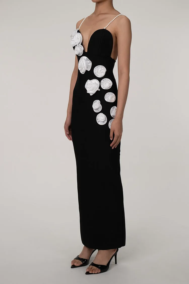 Sexy White Rosette Plunge Neck Sleeveless Bandage Knit Evening Maxi Dress - Black