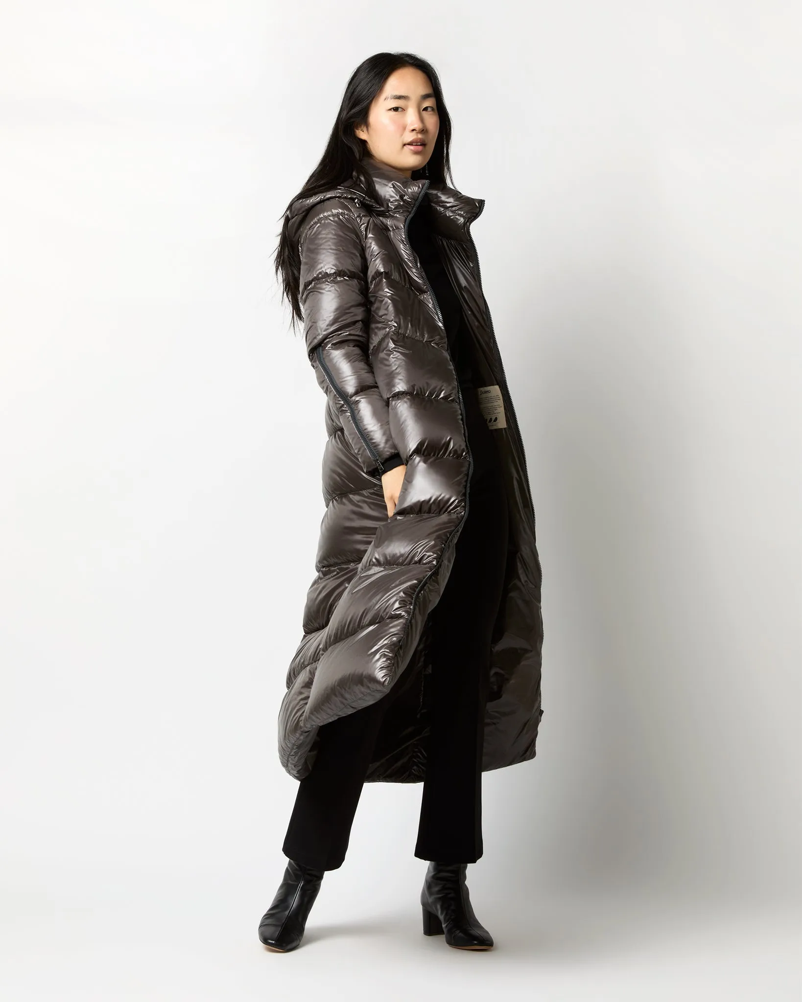 Shiny Nylon Long Coat in Charcoal