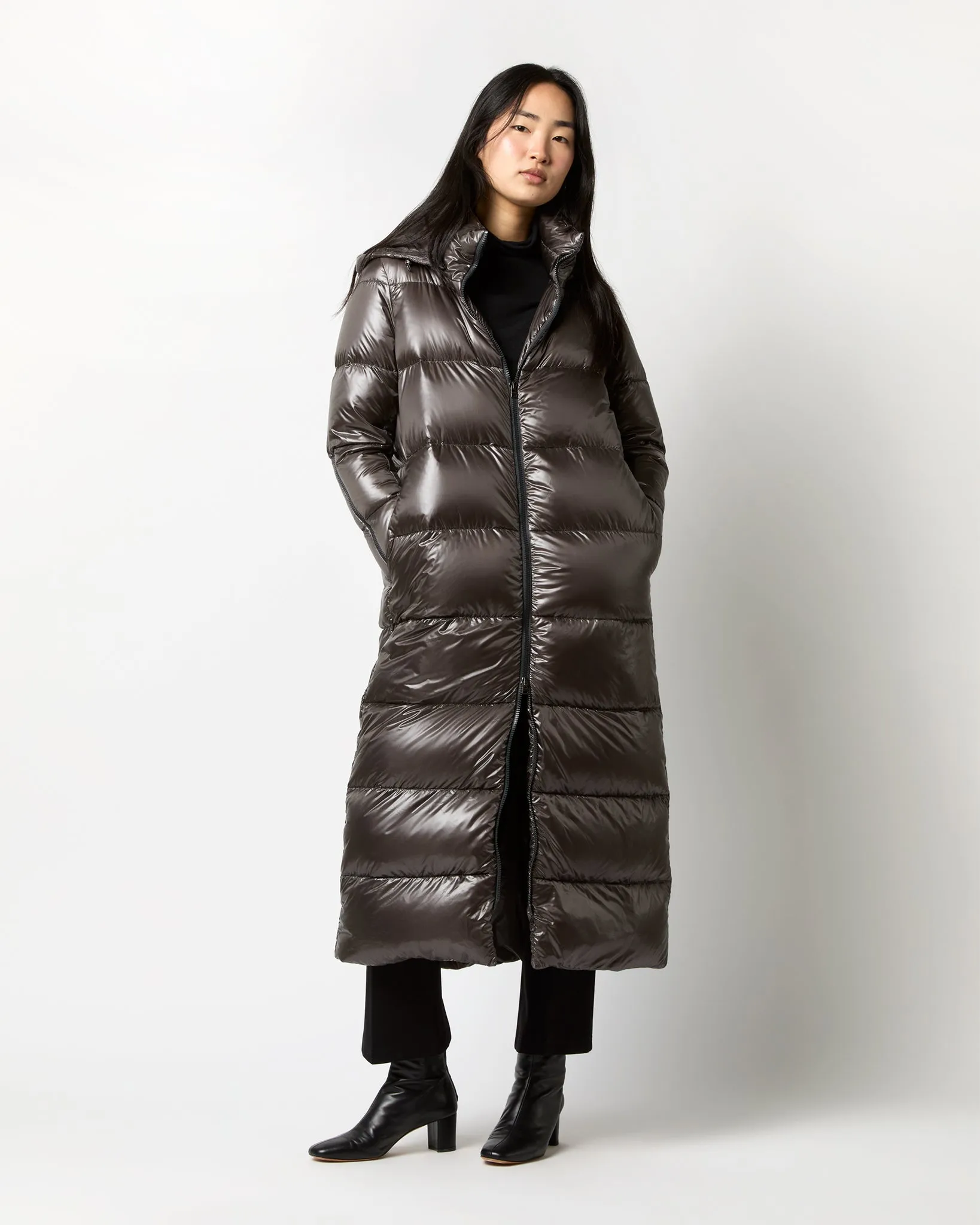 Shiny Nylon Long Coat in Charcoal