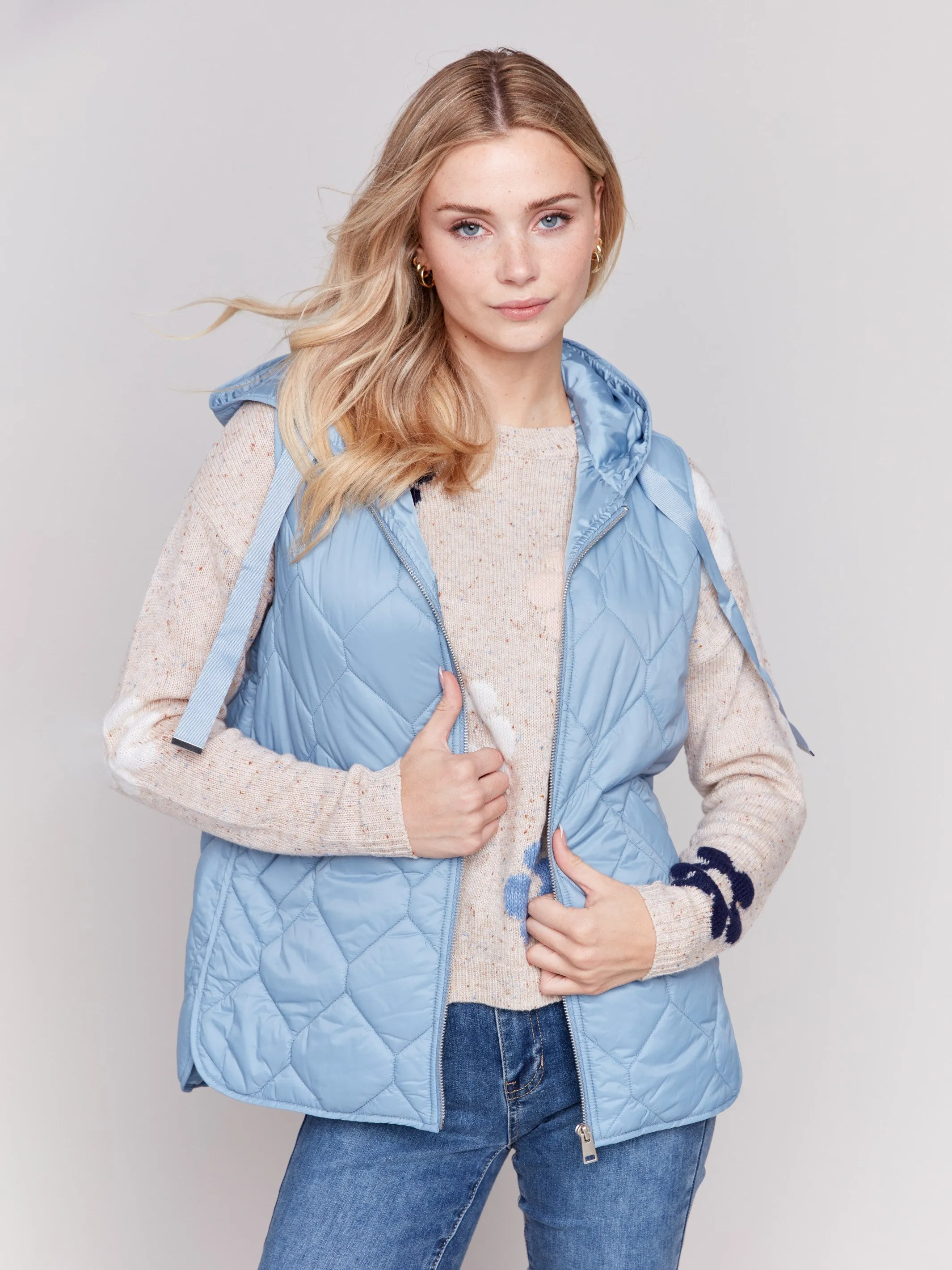 Short Quilted Puffer Vest with Hood - Frost