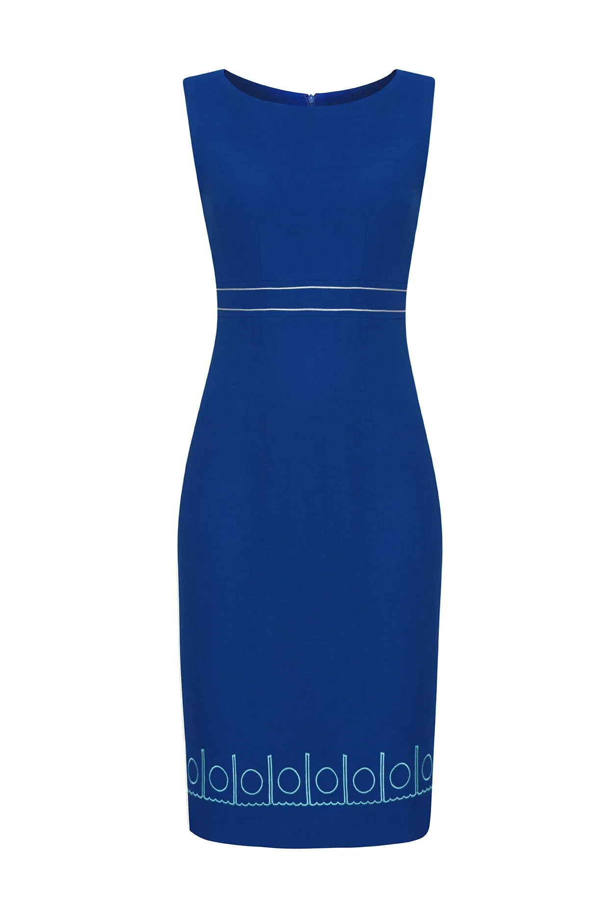 Sleeveless Shift Dress in Royal Blue with Turquoise Embroidered Border - Aude