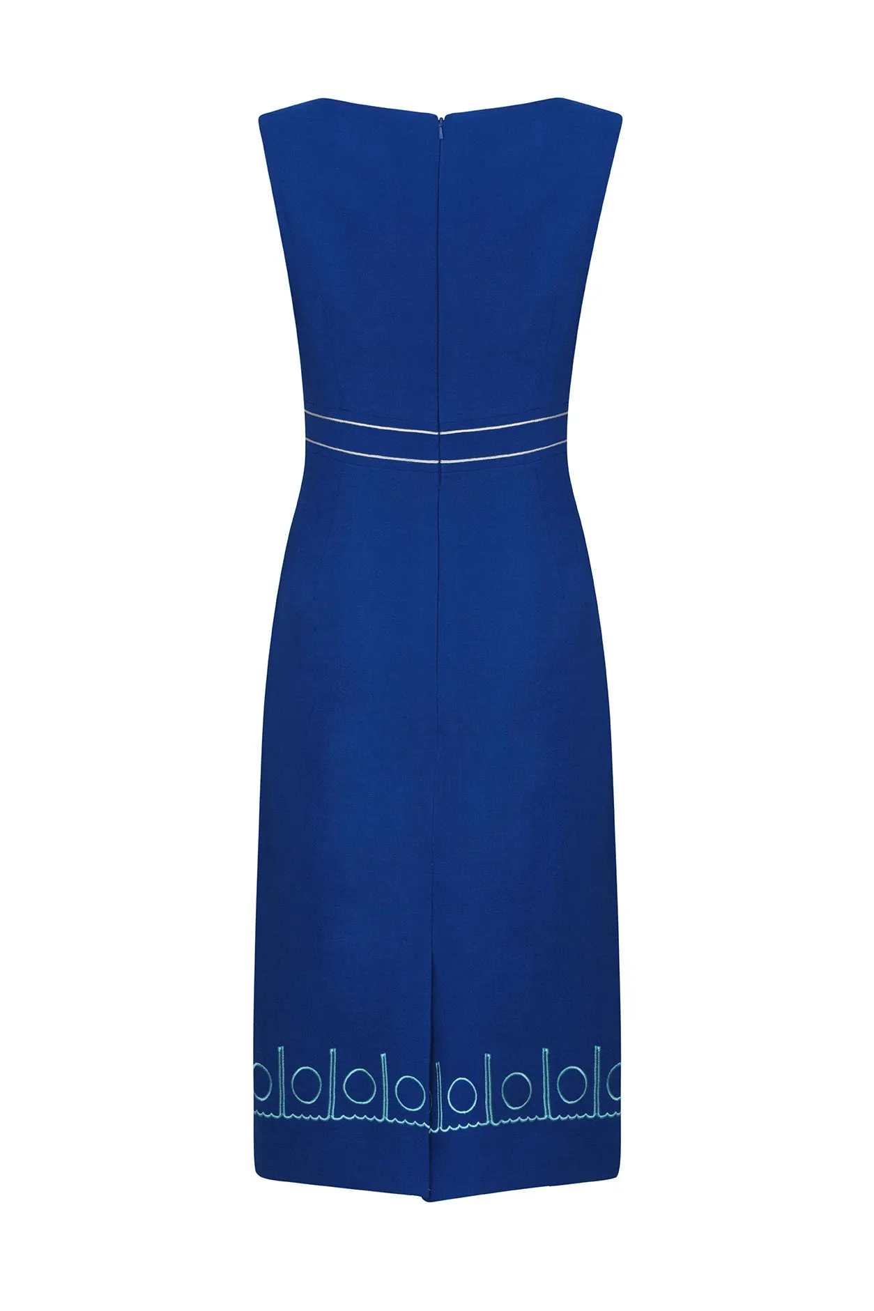 Sleeveless Shift Dress in Royal Blue with Turquoise Embroidered Border - Aude