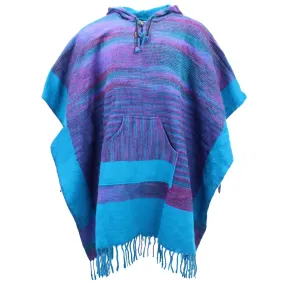 Soft Vegan Wool Hooded Tibet Poncho - Purple & Turquoise