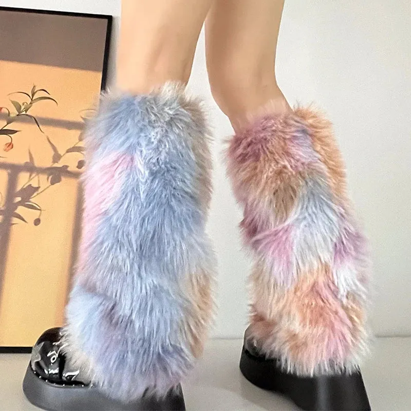 Sohiwoo Cute Rainbow Colorful Faux Fur Leg Warmers Fairy Leggings Plush Socks Gothic Boots Cover Harajuku Night Club Party Accessories