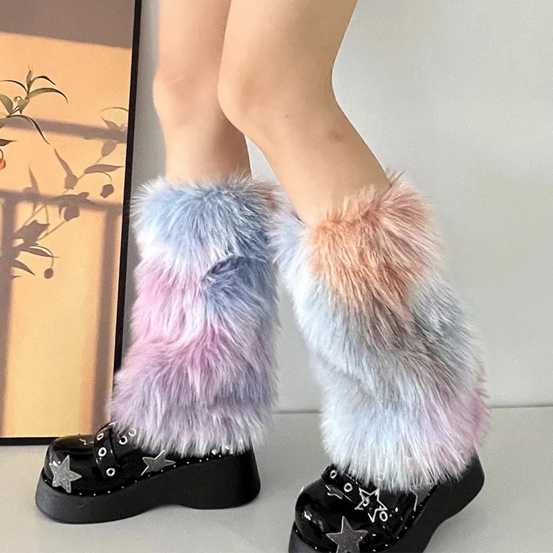 Sohiwoo Cute Rainbow Colorful Faux Fur Leg Warmers Fairy Leggings Plush Socks Gothic Boots Cover Harajuku Night Club Party Accessories