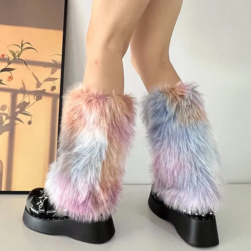 Sohiwoo Cute Rainbow Colorful Faux Fur Leg Warmers Fairy Leggings Plush Socks Gothic Boots Cover Harajuku Night Club Party Accessories