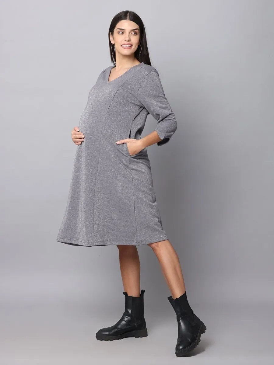 Sparkling Silver Maternity Sweater Dress With Nursing