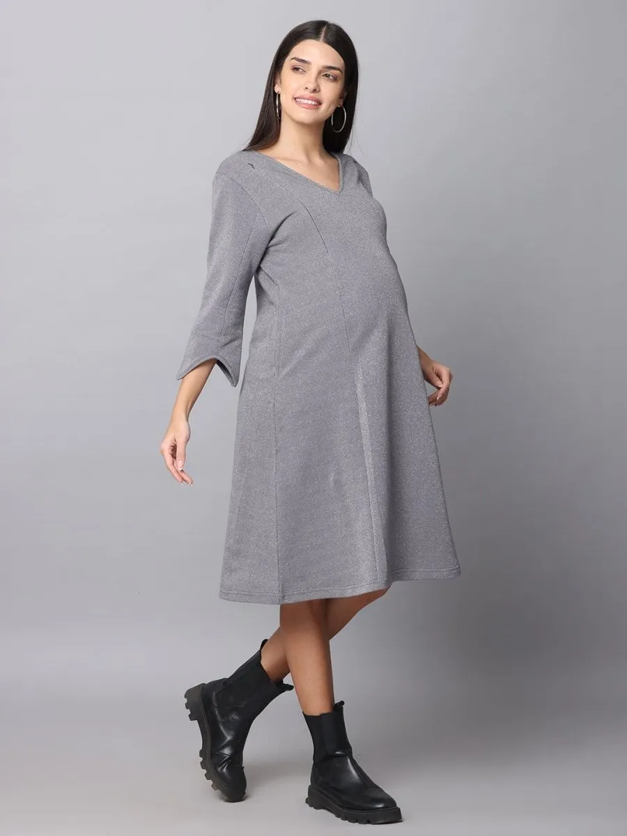 Sparkling Silver Maternity Sweater Dress With Nursing