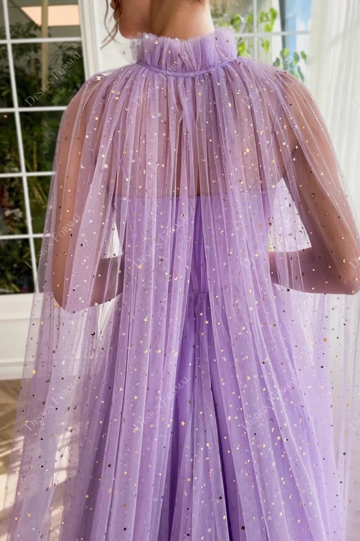 Sparkly Gold Stars Lilac Tulle Corset A-line Cape Formal Dress