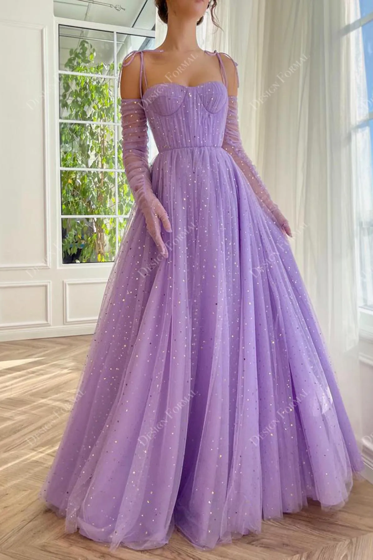 Sparkly Gold Stars Lilac Tulle Corset A-line Cape Formal Dress