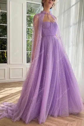 Sparkly Gold Stars Lilac Tulle Corset A-line Cape Formal Dress