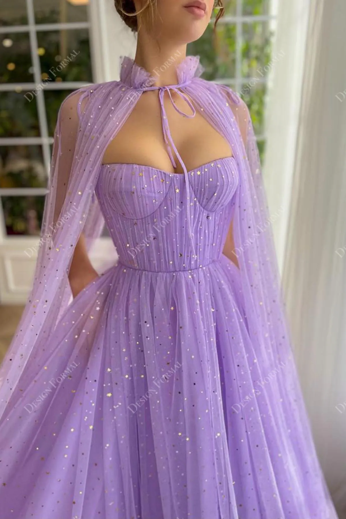 Sparkly Gold Stars Lilac Tulle Corset A-line Cape Formal Dress