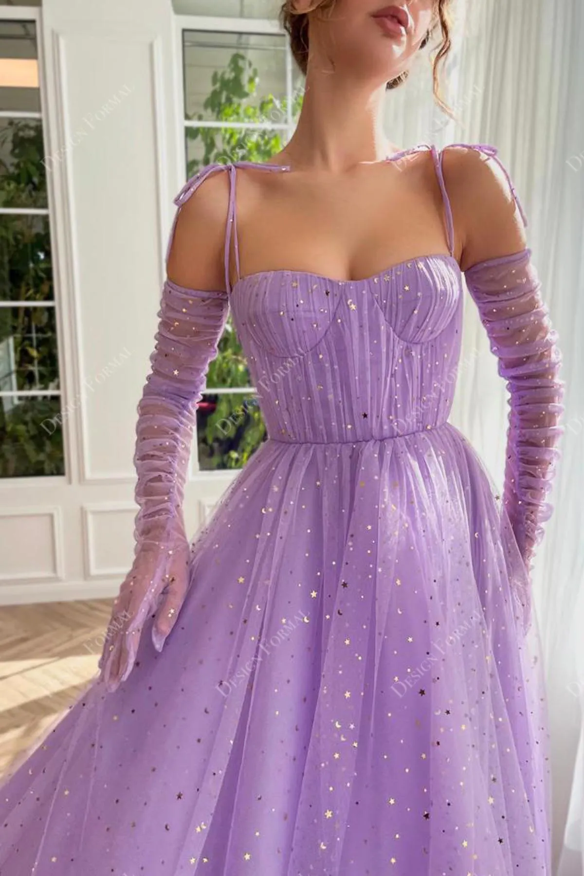 Sparkly Gold Stars Lilac Tulle Corset A-line Cape Formal Dress