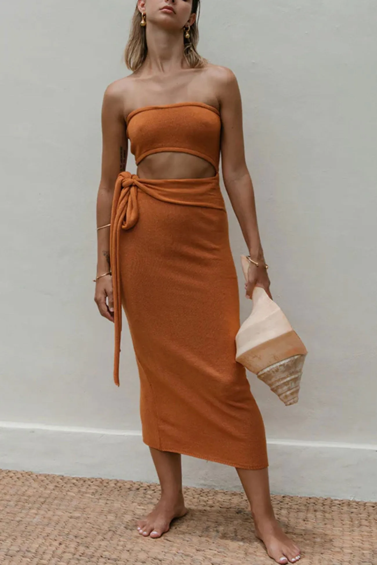 Strapless Cutout Strappy Slit Knit Dress