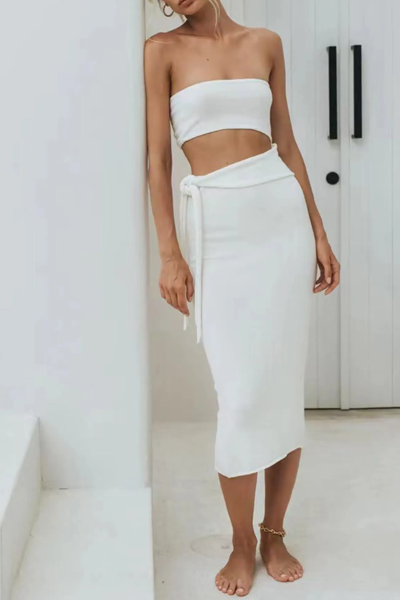 Strapless Cutout Strappy Slit Knit Dress