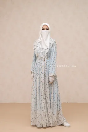 Surayya Light Blue Chiffon Abaya Dress With Floral Print - Ruffled Design