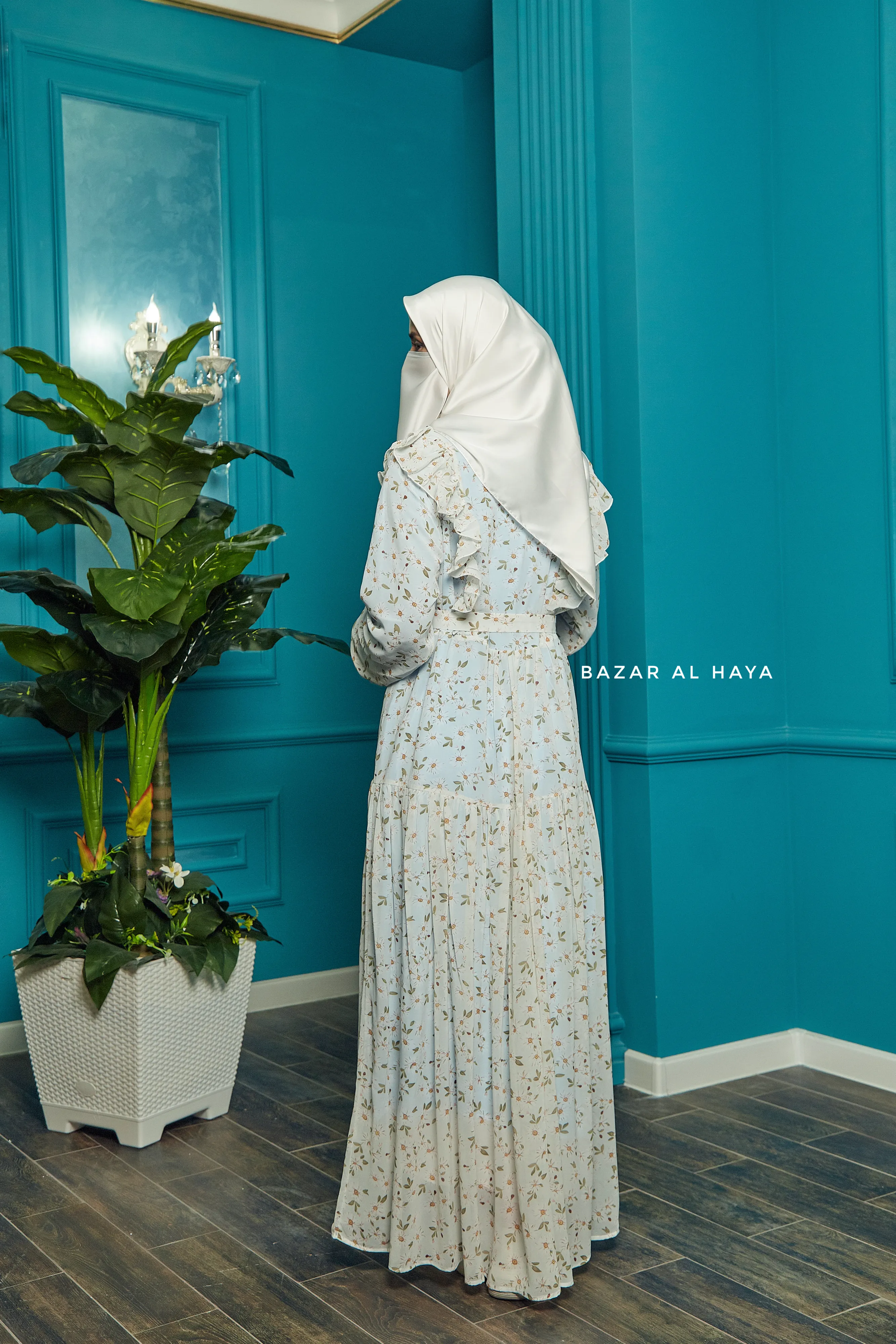 Surayya Light Blue Chiffon Abaya Dress With Floral Print - Ruffled Design