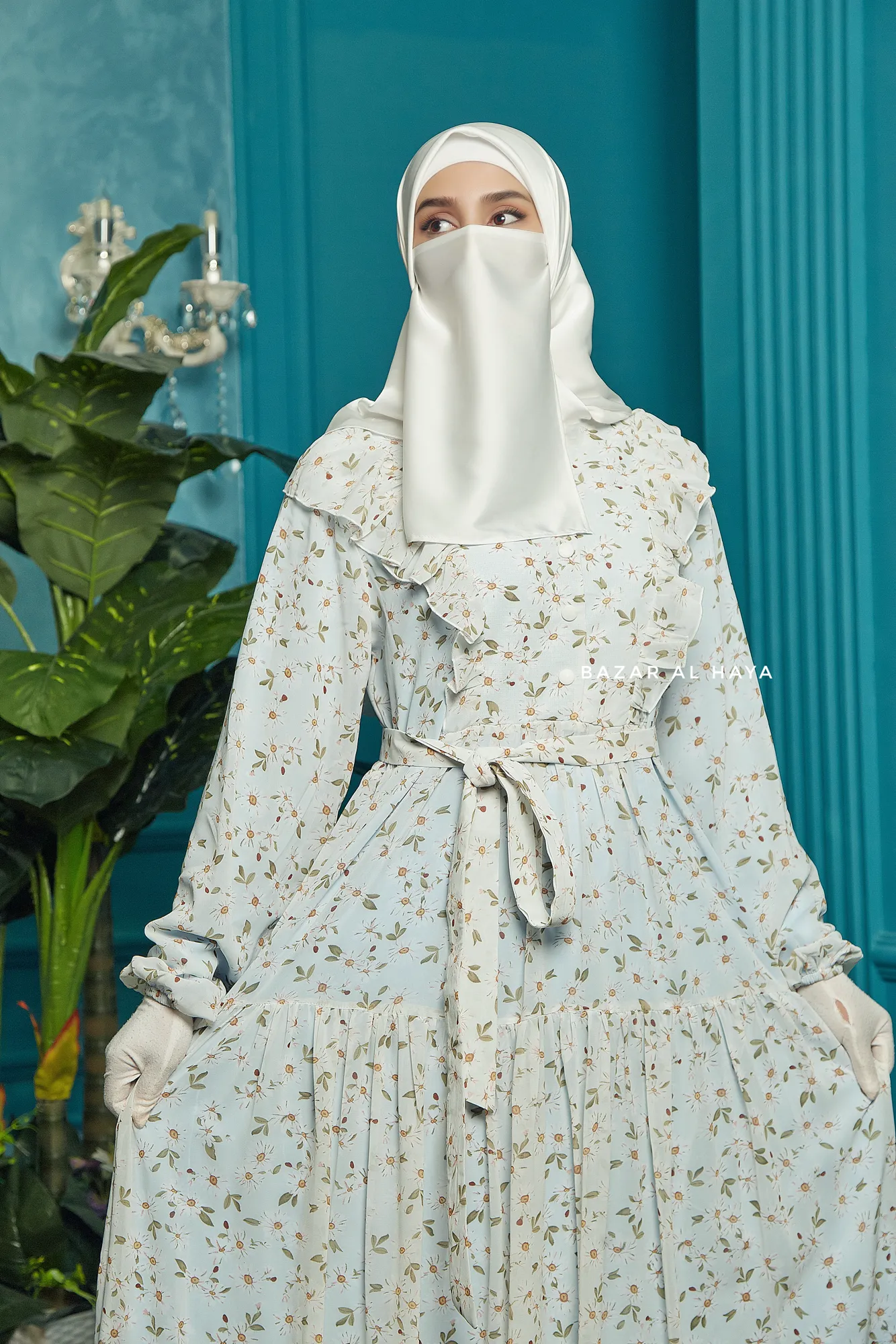 Surayya Light Blue Chiffon Abaya Dress With Floral Print - Ruffled Design