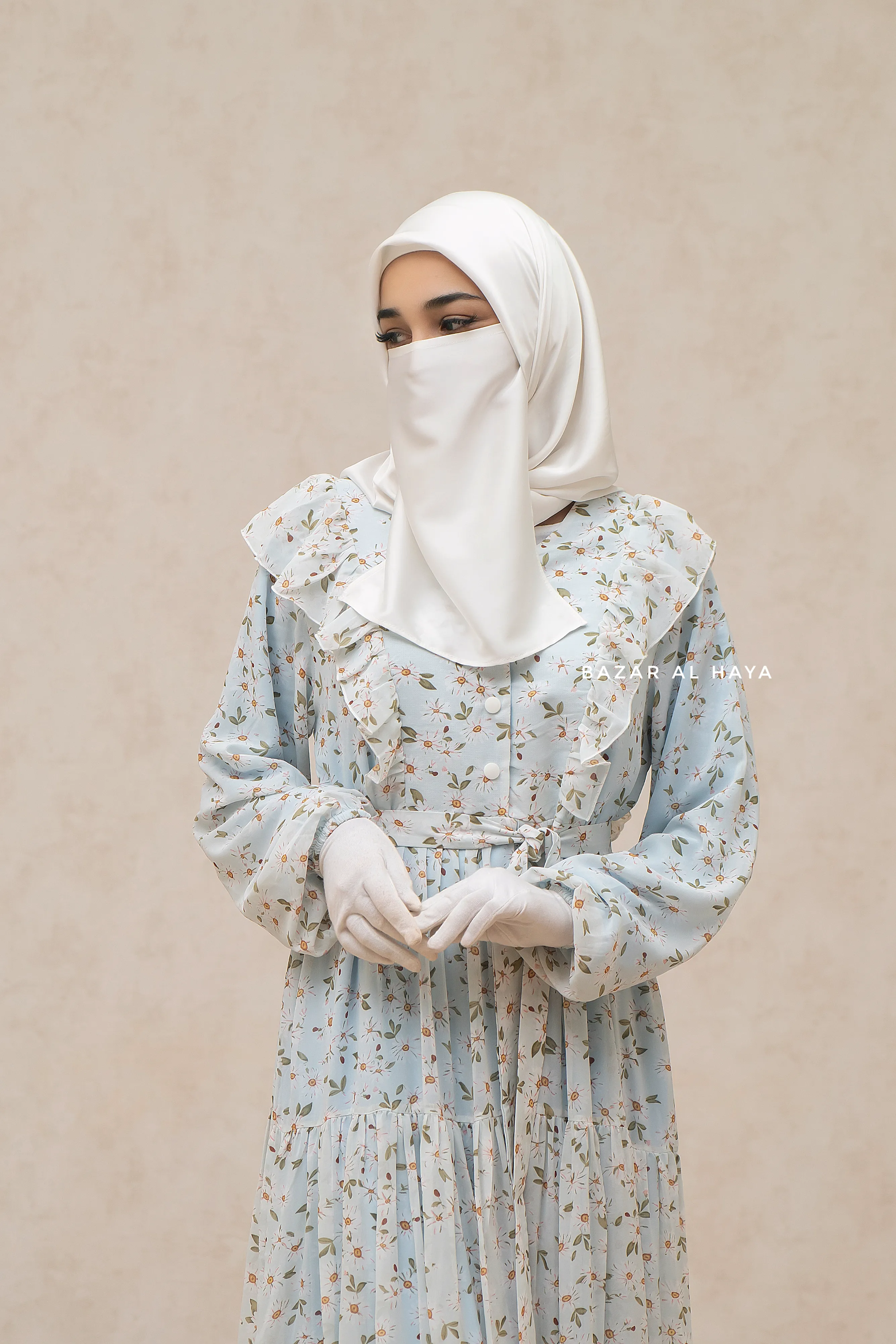 Surayya Light Blue Chiffon Abaya Dress With Floral Print - Ruffled Design