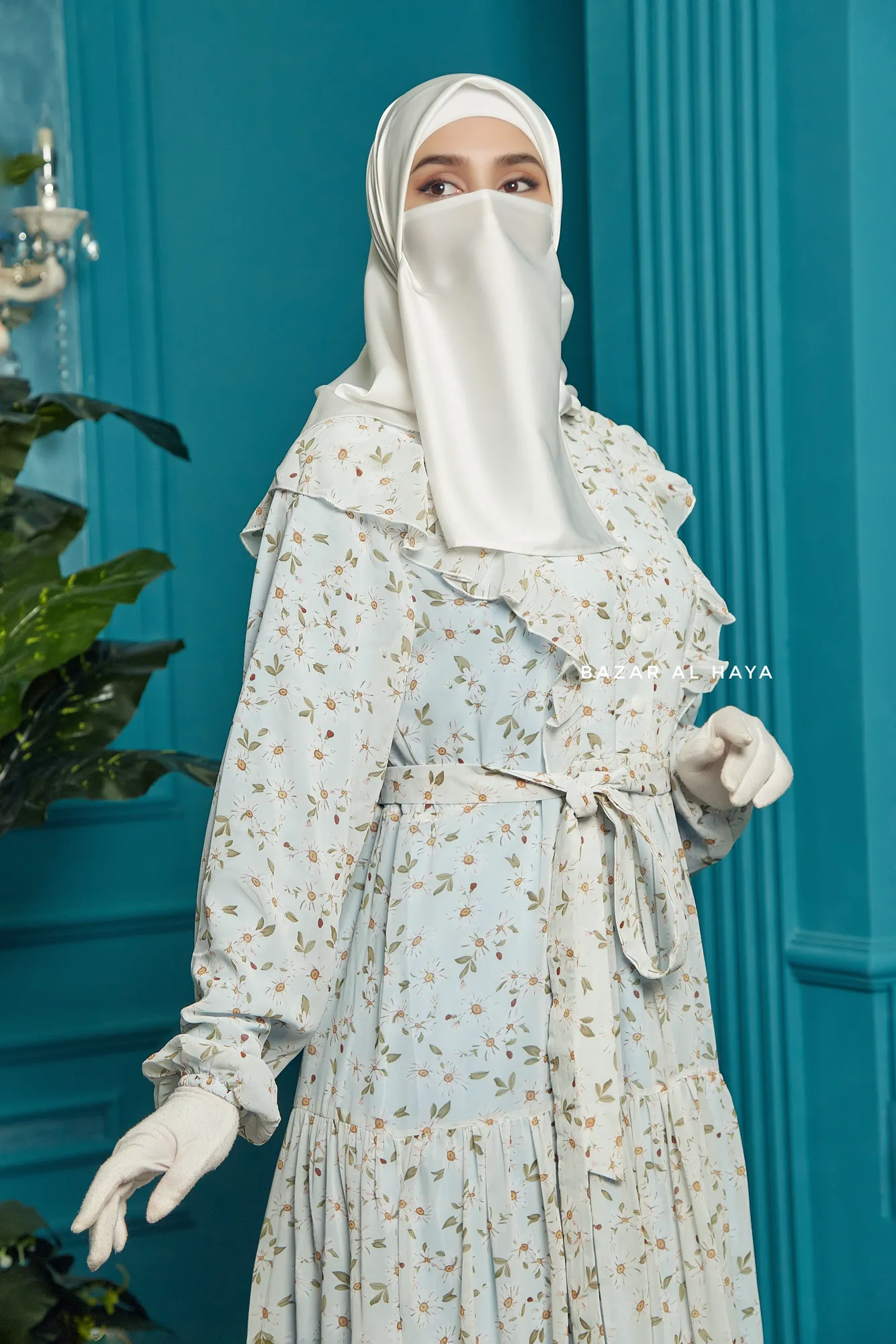 Surayya Light Blue Chiffon Abaya Dress With Floral Print - Ruffled Design